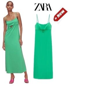 Zara green cutout spaghetti strap stretchy maxi dress Sz S NWT